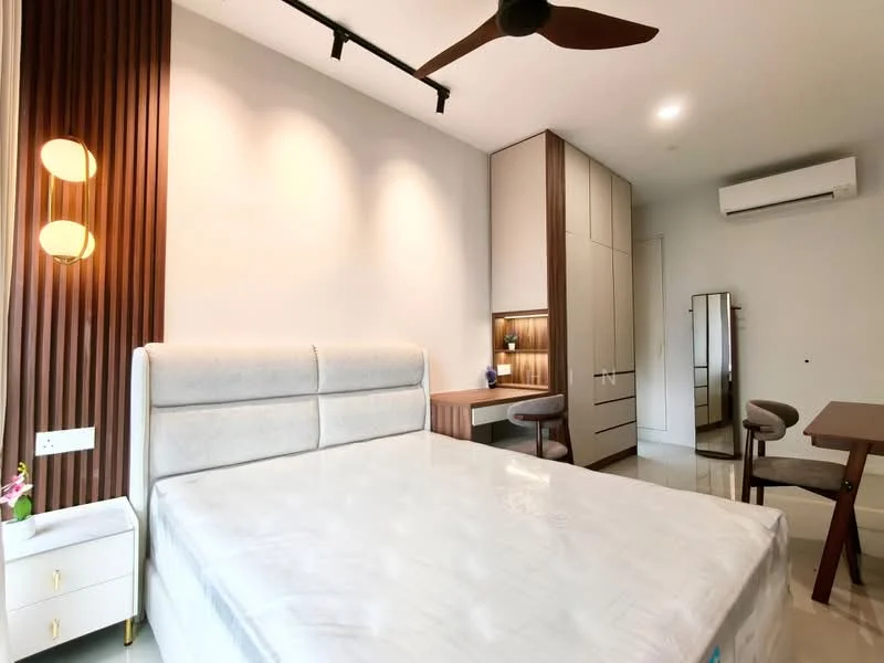 Bedroom features: queen-size bed with upholstered headboard, wooden bedside table with drawer, wall-mounted reading light, wood panel accent wall, built-in wardrobe with sliding doors, study desk with chair, full-length mirror, wall-mounted air conditioning unit, recessed ceiling lights, polished tile flooring; style: modern.