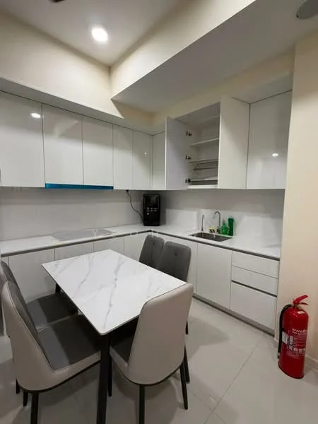 Kitchen features: white glossy cabinetry, marble-patterned countertop, stainless-steel sink, chrome pull-down faucet, built-in refrigerator, 4-seater dining table, upholstered dining chairs in grey, ceramic tile flooring, recessed ceiling lights, fire extinguisher, open shelving, wall-mounted cabinets; style: modern.