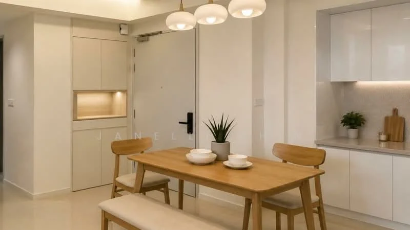 Dining features: wood dining table, 3 wooden dining chairs, white ceramic plates, decorative plant in pot, pendant lighting with three bulbs, white cabinetry, grey backsplash, wooden cutting board, light-colored flooring, wall-mounted light fixture, door with black handle, built-in shelving, neutral wall color; style: modern.