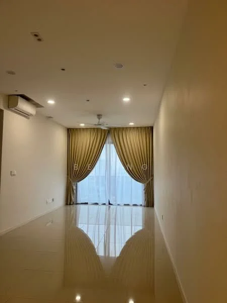 Living features: cream painted walls, glossy tile flooring, recessed downlights, 5-blade ceiling fan, floor-to-ceiling windows, sheer curtains, curtains in beige, air conditioning unit; style: modern.