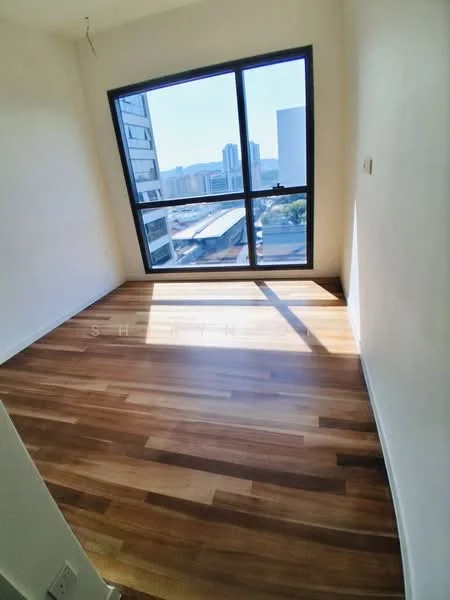 Room features: large floor-to-ceiling window, wooden flooring, white painted walls, city view, natural light, corner room, minimalist design; style: modern; view: city.