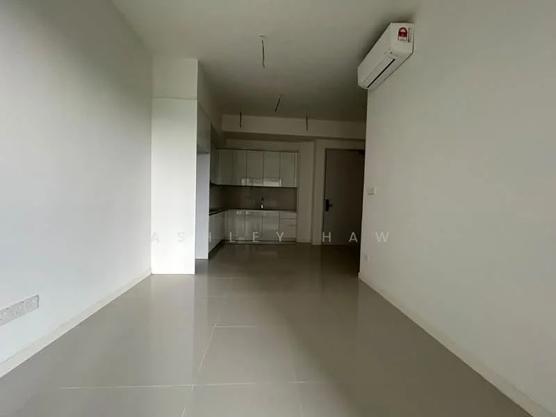 Living features: white painted walls, glossy ceramic tile flooring, wall-mounted split AC, recessed ceiling lights, open layout, kitchen area visible, neutral color palette, no visible furniture; style: modern.