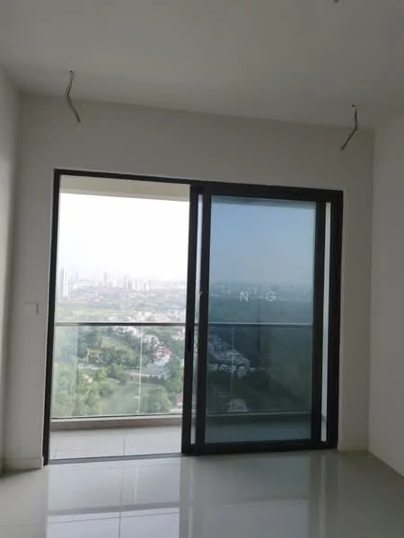 Room features: floor-to-ceiling sliding glass door, white painted walls, glossy tile flooring, balcony view, city skyline view, hanging ceiling hooks; style: modern; view: city.