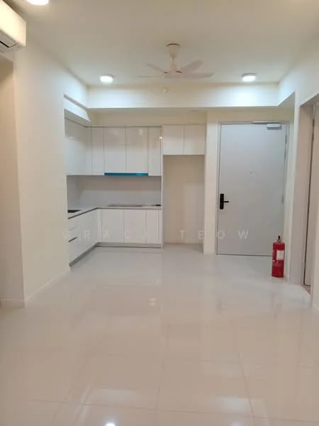 Room features: white painted walls, glossy tile flooring, recessed downlights, 5-blade ceiling fan, built-in white cabinetry, countertop with blue accent, fire extinguisher, main entrance door, open layout; style: modern.