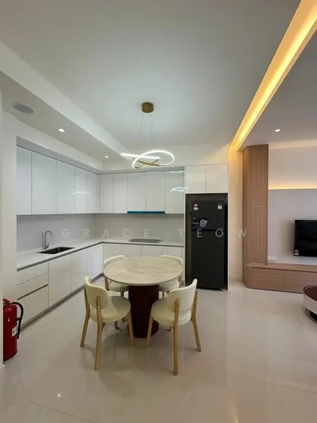 Kitchen features: white cabinetry with flat-panel doors, marble countertop, single-bowl stainless-steel sink, chrome pull-down faucet, built-in oven, stainless-steel fridge, recessed LED downlights, pendant light fixture, white tiled backsplash, round dining table, 4 upholstered dining chairs, wall-mounted TV, fire extinguisher, polished ceramic tile flooring; style: modern.