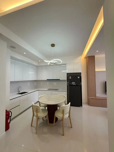 Kitchen features: white cabinetry with flat-panel doors, marble countertop, single-bowl stainless-steel sink, chrome pull-down faucet, built-in refrigerator, recessed LED downlights, pendant light fixture, white tiled backsplash, ceramic tile flooring, round dining table, 3 upholstered dining chairs; style: modern.