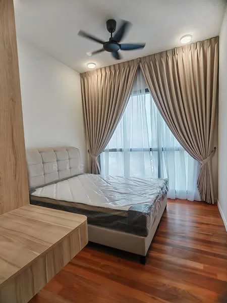 Bedroom features: queen-size bed, upholstered headboard, wooden flooring, 5-blade ceiling fan, floor-to-ceiling windows, sheer curtains, blackout curtains, wooden bedside table, decorative wall paneling, recessed lighting; style: modern.