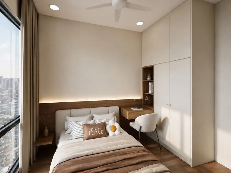 Bedroom features: queen-size bed, upholstered headboard, decorative throw pillows, wooden bedside table, built-in wardrobe with sliding doors, study desk with chair, wall-mounted shelf, recessed ceiling lights, ceiling fan, floor-to-ceiling windows, curtains, wooden flooring, neutral painted walls; style: modern; view: city.