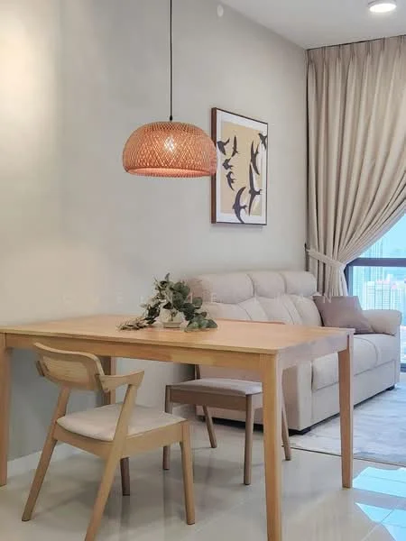 Dining features: wooden dining table, light wood dining chair with upholstered seat, 3-seater fabric sofa in light beige, woven pendant light, framed artwork on wall, floor-to-ceiling window with sheer curtains, cream painted walls, glossy tile flooring; style: modern; view: city.