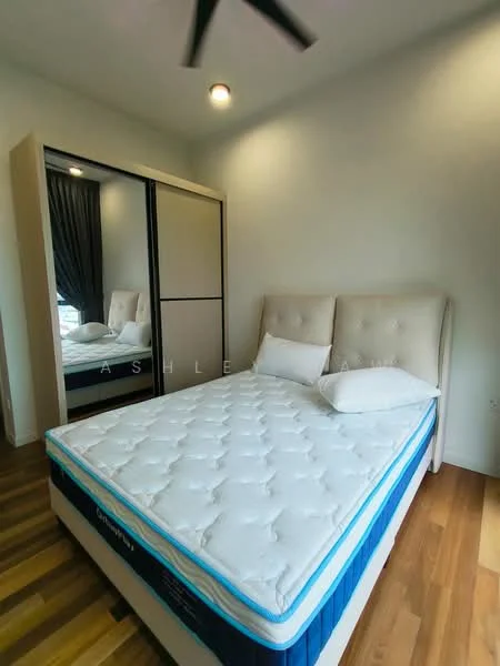 Bedroom features: queen-size bed with upholstered headboard, mattress on bed frame, two white pillows, built-in wardrobe with sliding doors, wooden flooring, grey curtains, recessed ceiling lights, ceiling fan; style: modern.
