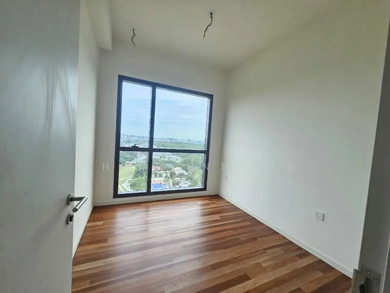 Room features: large floor-to-ceiling window, wooden flooring, white painted walls, no visible ceiling fixtures, city view, minimalist design; style: modern; view: city.