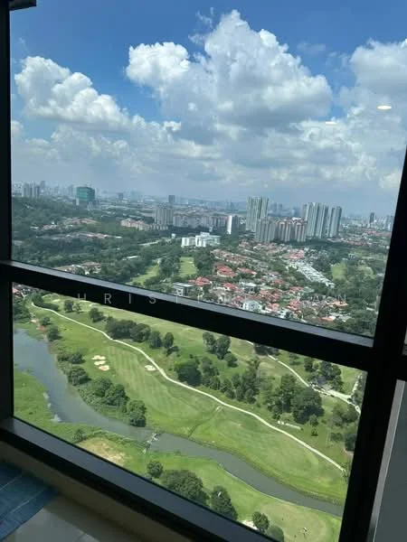 Exterior type: high-rise condominium; features: floor-to-ceiling windows, city skyline view, golf course view, lush greenery, urban landscape, blue sky with clouds; style: modern.