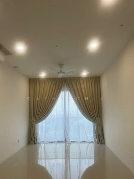 Room features: white painted walls, glossy tile flooring, 5-blade ceiling fan with light, floor-to-ceiling windows, sheer curtains, heavy drapes, recessed downlights; style: modern; view: city.