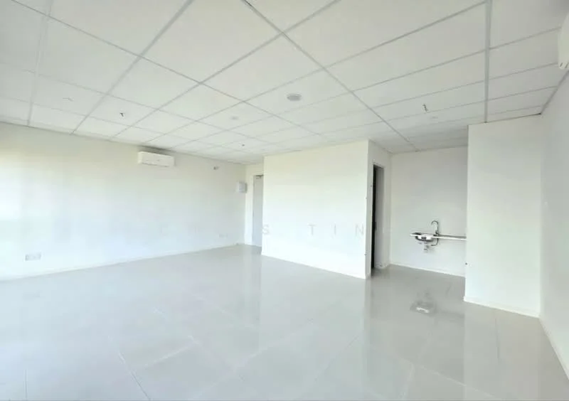 Room features: white painted walls, ceiling tiles, polished ceramic tile flooring, 1 wall-mounted split AC, 1 sink with wall-mounted faucet, no visible furniture or decor; style: modern.