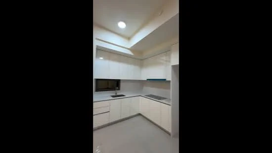 Kitchen features: white glossy cabinetry, grey countertop, single-bowl stainless-steel sink, chrome pull-down faucet, built-in oven, ceramic tile flooring, recessed downlights, window above sink, open shelving, wall-mounted cabinets; style: modern.