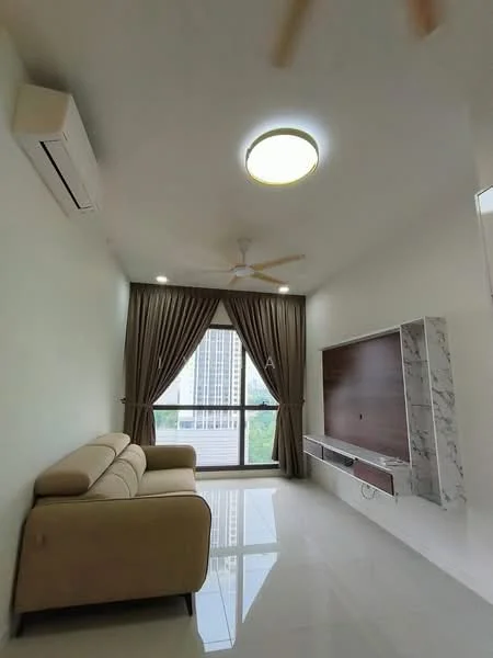 Living features: cream fabric 2-seater sofa, floor-to-ceiling windows, curtains in brown, white painted walls, polished ceramic tile flooring, ceiling fan with light, recessed ceiling light, wall-mounted TV console with marble accents, air conditioning unit; style: modern; view: garden.