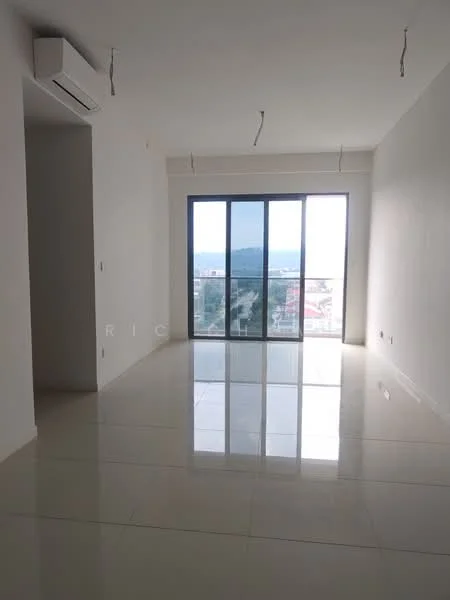 Living features: white painted walls, glossy tile flooring, floor-to-ceiling windows, city view, 1 wall-mounted split AC, recessed downlights, minimalist design, neutral color palette; style: modern; view: city.