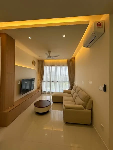 Living features: cream painted walls, glossy tile flooring, 5-blade ceiling fan with light, recessed downlights, wall-mounted TV, wooden TV console, light-colored fabric sofa, round coffee table, floor-to-ceiling windows with sheer curtains, air conditioning unit; style: modern; view: city.