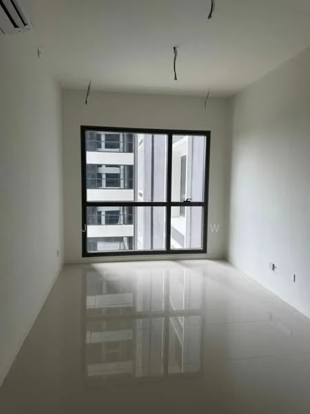 Room features: white painted walls, polished tile flooring, floor-to-ceiling windows, window with black frame, exposed ceiling with wiring, no visible furniture or decor.