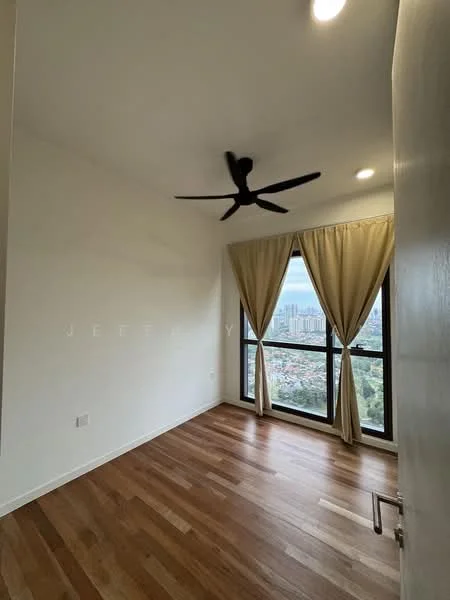 Bedroom features: wooden flooring, white painted walls, 5-blade ceiling fan, floor-to-ceiling windows, sheer curtains, city view; style: modern; view: city.