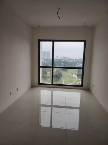 Room features: white painted walls, glossy tile flooring, large floor-to-ceiling window, city view, no visible furniture, minimalist design, high ceiling, natural light; style: modern; view: city.