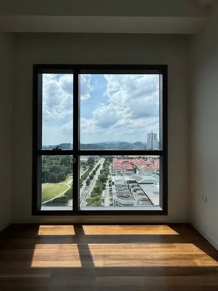 Room features: large floor-to-ceiling window, black window frame, wooden flooring, natural light, city view, mountain view, clear sky, urban landscape; style: modern; view: city.