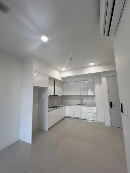 Kitchen features: white cabinetry, marble countertop, stainless-steel sink, chrome pull-down faucet, built-in oven, freestanding range oven, recessed LED downlights, wall-mounted split AC, ceramic tile flooring, white painted walls, open shelving, sliding door, kitchen island; style: modern.