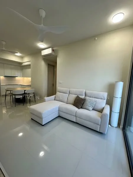 Living features: L-shape sectional sofa in light beige, decorative throw pillow, floor-to-ceiling windows, white walls, recessed downlights, ceiling fan, glossy tile flooring, dining table with four chairs, light-colored cabinetry in kitchen area, open layout to kitchen; style: modern.
