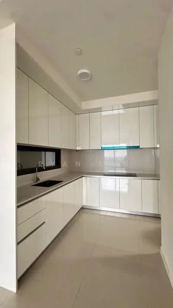 Kitchen features: white glossy cabinetry, black countertop, single-bowl stainless-steel sink, chrome pull-down faucet, built-in oven, ceramic tile flooring, recessed downlights, window above sink, minimalist design, open layout; style: modern.