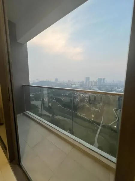 Room features: glass balcony railing, tile flooring, city skyline view, outdoor space, sliding glass door; view: city.