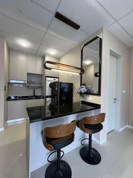 Kitchen features: black granite countertop, stainless-steel sink, chrome pull-down faucet, built-in oven, stainless-steel fridge, flat-panel cabinetry in light grey, ceramic tile flooring, recessed downlights, mirror backsplash, two bar stools, washer-dryer combo unit, open shelving; style: modern.