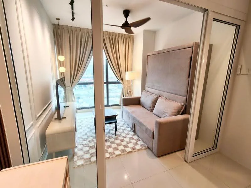 Living features: sofa bed in beige, floor-to-ceiling windows, curtains in light beige, ceiling fan, area rug with geometric pattern, side table in black, table lamp, wall-mounted mirror, white painted walls, glossy tile flooring; style: modern; view: city.