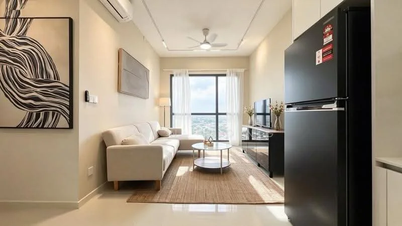 Living features: 3-seater fabric sofa in cream, round coffee table with glass top, TV console, wall-mounted TV, area rug with natural fibers, floor-to-ceiling windows, sheer curtains, 5-blade ceiling fan with light, air conditioning unit, decorative wall art, light-colored painted walls, polished tile flooring; style: modern; view: city.