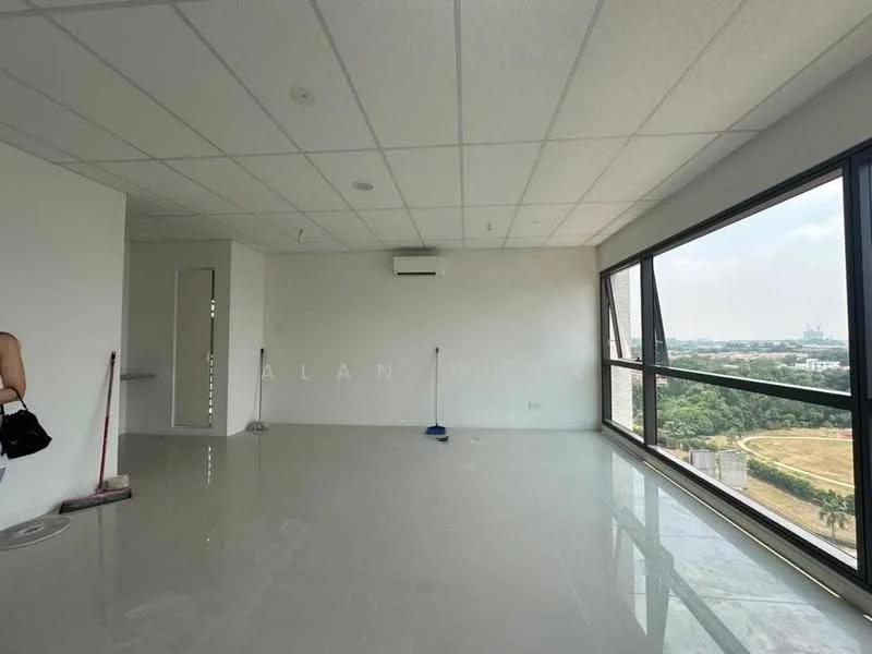 Living features: white painted walls, polished ceramic tile flooring, drop ceiling, floor-to-ceiling windows, city view, 1 wall-mounted split AC, no visible furniture, clean and empty space; style: modern; view: city.