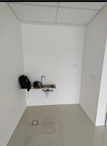 Room features: white painted walls, glossy tile flooring, single-bowl stainless-steel sink, chrome faucet, wall-mounted shelf, electrical outlet, minimalist design; style: modern.