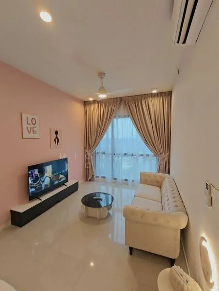 Living features: cream tufted sofa, glass coffee table, wall-mounted TV, light pink painted walls, white ceiling, recessed downlights, curtains with tiebacks, marble tile flooring, air conditioning unit, decorative wall art; style: modern; view: city.