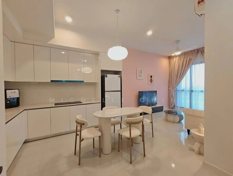 Dining features: white glossy cabinetry, grey countertop, stainless-steel fridge, white round dining table, 4 white dining chairs, pendant light fixture, light pink accent wall, floor-to-ceiling windows with sheer curtains, polished tile flooring, wall-mounted TV, decorative wall art, ceiling fan; style: modern; view: city.