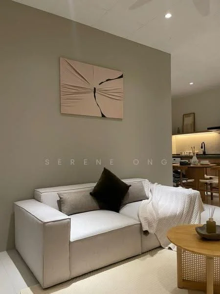 Living features: light grey fabric sofa, black decorative cushion, white throw blanket, wooden coffee table, framed artwork on wall, recessed ceiling lights, light wood flooring, neutral painted walls; style: modern. Kitchen features: wood cabinetry, countertop with under-cabinet lighting, stainless-steel appliances, open shelving; style: modern.