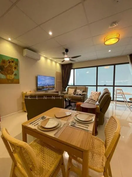 Living features: 3-seater fabric sofa in olive green, 2-seater fabric sofa in beige, coffee table, wall-mounted TV, area rug, ceiling fan, recessed downlights, floor-to-ceiling windows, curtains, decorative artwork, side table, decorative cushions; style: modern; view: city. Dining features: 4-seater wooden dining table, woven dining chairs, table setting with plates and cutlery, decorative centerpiece; style: modern.