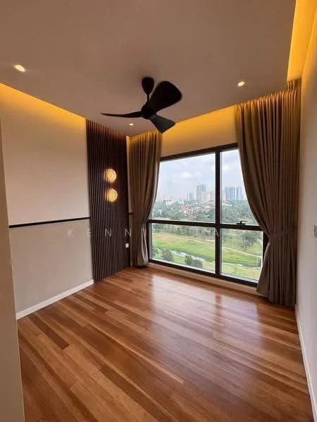 Bedroom features: wooden flooring, cream painted walls, feature lighting, 5-blade ceiling fan, floor-to-ceiling windows, curtains, decorative wall paneling, city view; style: modern; view: city.