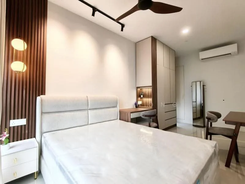 Bedroom features: king-size bed, upholstered headboard, 2 bedside lamps, built-in wardrobe, study desk with chair, wall-mounted air conditioning unit, wooden flooring, feature wall with wood paneling, recessed downlights, full-length mirror; style: modern.