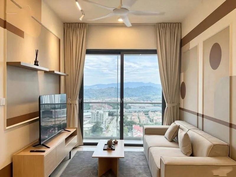 Living features: floor-to-ceiling windows, mountain view, 3-seater fabric sofa in beige, wood coffee table, TV console, wall-mounted TV, decorative wall panels with geometric patterns, light-colored curtains, ceiling fan, area rug with neutral tones; style: modern; view: mountain.