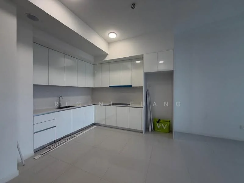 Kitchen features: white flat-panel cabinets, grey countertop, single-bowl stainless-steel sink, chrome pull-down faucet, built-in oven, ceramic tile flooring, recessed downlights, open shelving, kitchen island, wall-mounted cabinets, space for refrigerator, neutral wall colour; style: modern.