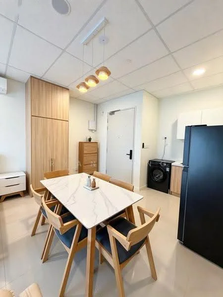 Dining features: marble dining table, 4 wooden dining chairs with fabric upholstery, pendant light fixture with three bulbs, light wood cabinetry, white walls, recessed ceiling lights, floor-to-ceiling windows, washing machine, black refrigerator, wooden sideboard, door to hallway; style: modern.