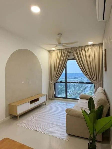 Living features: beige fabric sofa, wooden TV console, area rug with geometric pattern, floor-to-ceiling windows, sheer curtains, 5-blade ceiling fan, wall-mounted air conditioning unit, decorative wall arch, indoor plant, mountain view; style: modern; view: mountain.