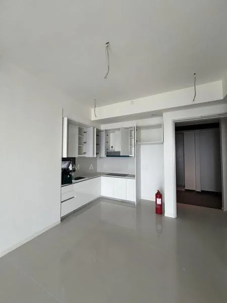 Kitchen features: white cabinetry, black countertop, stainless-steel sink, single-bowl stainless-steel sink, built-in oven, freestanding range oven, ceramic tile flooring, recessed downlights, open shelving, fire extinguisher, wall-mounted cabinets, neutral wall color, no visible appliances other than oven and sink; style: modern. Room features: grey flooring, neutral wall color, doorway leading to another room.