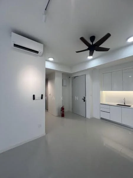 Room features: white painted walls, polished concrete flooring, 5-blade ceiling fan with light, wall-mounted split AC, kitchenette with white cabinets, single-bowl stainless-steel sink, countertop with under-cabinet lighting, fire extinguisher, door leading to hallway; style: modern.