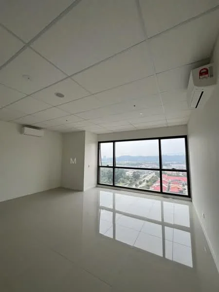 Room features: white painted walls, dropped ceiling, floor-to-ceiling windows, marble tile flooring, 1 wall-mounted split AC, city view; style: modern; view: city.