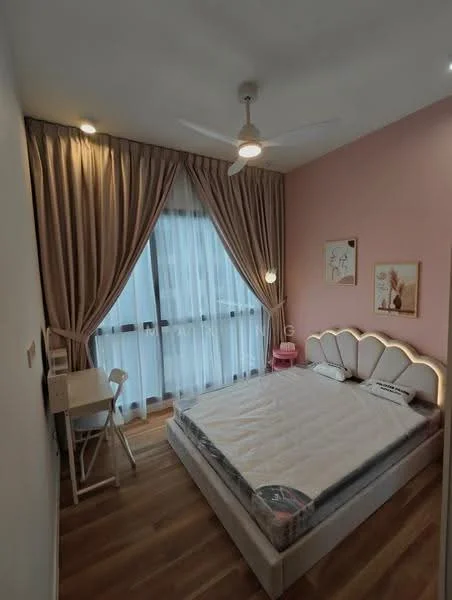 Bedroom features: queen-size bed with upholstered headboard, wooden flooring, pink accent wall, white painted walls, floor-to-ceiling windows with sheer curtains, 5-blade ceiling fan with light, study desk with chair, decorative wall art, nightstand, wall-mounted light fixture; style: modern.