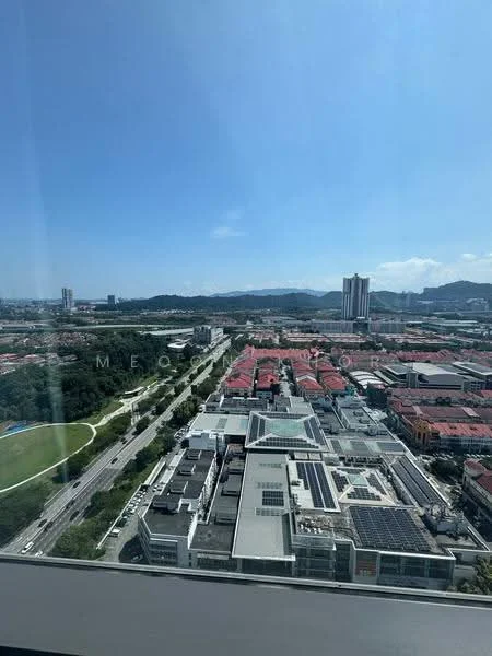 Exterior type: high-rise condominium; features: city skyline view, surrounded by greenery, nearby commercial buildings, rooftop solar panels, open space park, urban landscape, multiple high-rise structures, main road visible; style: modern.